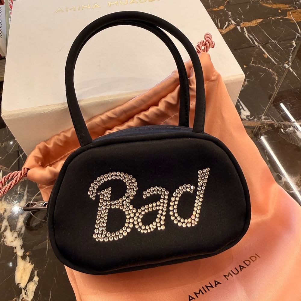 Amina Muaddi Black Satin Superamini Baddie Crystal Embellished Women's Bag